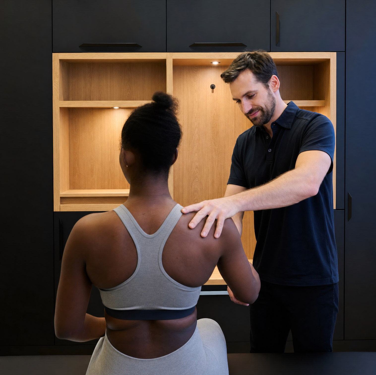 Kinésithérapeute accompagnant un patient à Paris 8