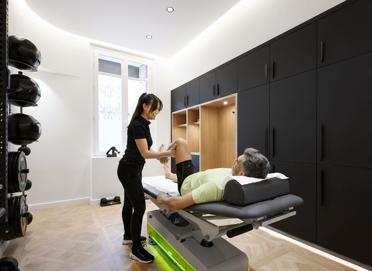 Kinésithérapeute accompagnant un patient au cabinet CAREA Paris 8